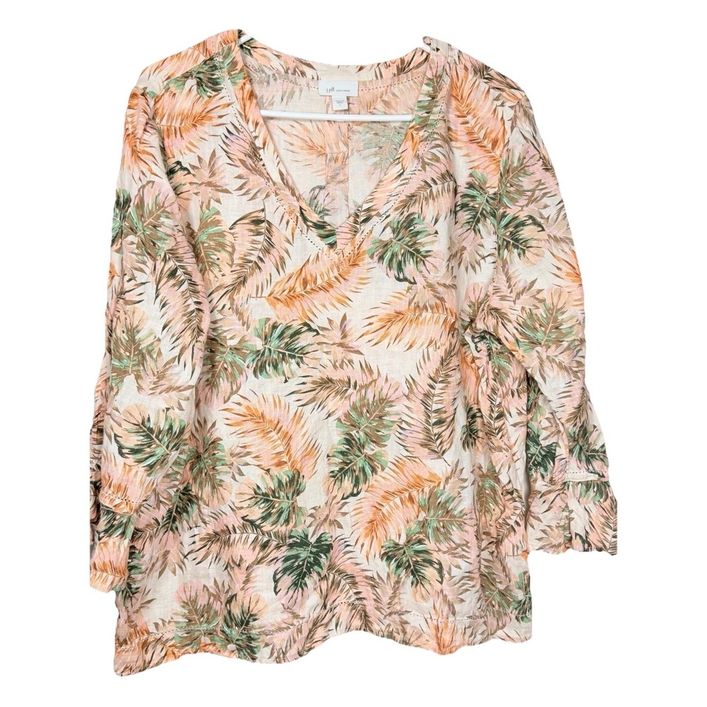 J.Jill Love Linen Tropical Palm Print Tunic Top Womens Large Beach Resort
